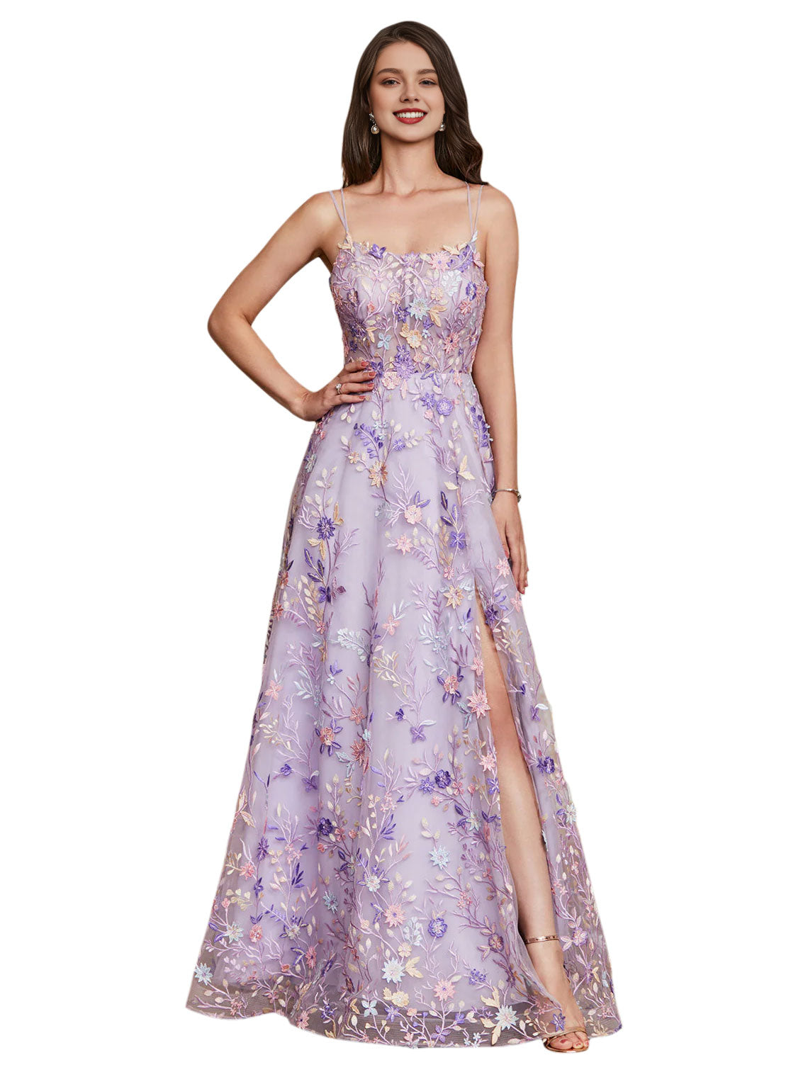 Robe Weitese A-Line/Princesse Bretelles Spaghetti Élégante Robe Formelle Longueur Sol Tulle Sans Manches Robe de Soirée Robe de Bal Avec Appliques Fendues